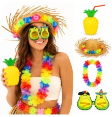 Hawaii Parti Seti Ananas Bardak Hasır Şapka Avokado Gözlük Çiçek Kolye