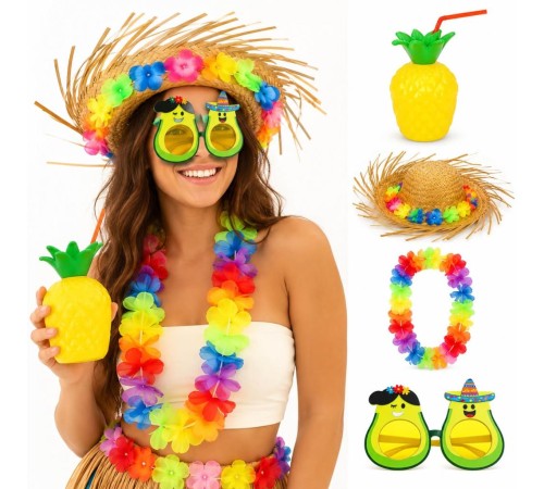 Hawaii Parti Seti Ananas Bardak Hasır Şapka Avokado Gözlük Çiçek Kolye