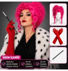 Neon Bukleli Pembe Peruk Uzun Kumaş Kırmızı Eldiven ve Sigara Tutucu Seti (3 Parça)