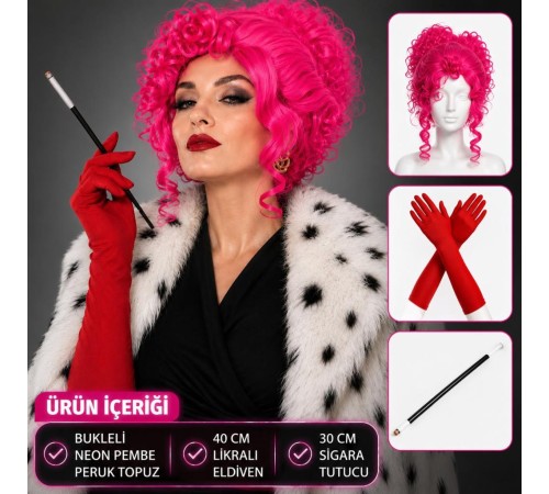Neon Bukleli Pembe Peruk Uzun Kumaş Kırmızı Eldiven ve Sigara Tutucu Seti (3 Parça)