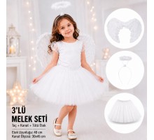 Çocuk Beyaz Melek Kostüm Seti – Melek Kanadı, Taç ve Tütü Etek 3’lü Set