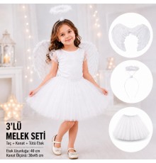 Çocuk Beyaz Melek Kostüm Seti – Melek Kanadı, Taç ve Tütü Etek 3’lü Set