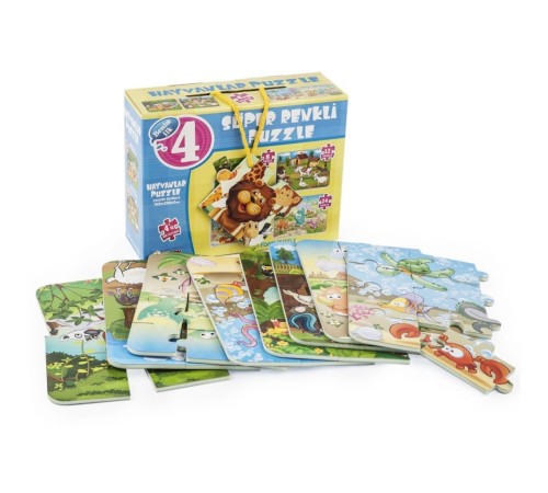 1481 Süper Renkli 4'lü Puzzle - Hayvanlar / 8+12+16+24 Parça Puzzle