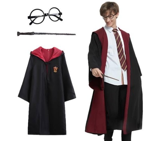Pttr Gryffindor Kapişonlu Çocuk Kostüm + Asa + Gözlük Seti 5-6 Yaş
