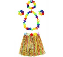 Yetişkin ve Çocuk Uyumlu Luau Aloha Hawaii  Kolye Renkli Etek Taç ve Bileklik Seti