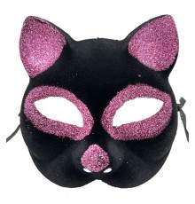 Siyah Renk Pembe Simli Süet Kedi Maskesi 18x14 cm
