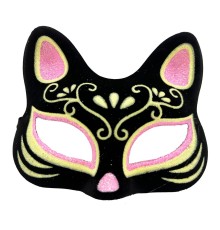 Siyah Renk Süet Kaplama Üzeri Pembe Sarı Simli Kedi Maskesi 17x14 cm
