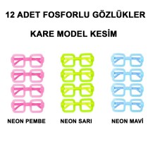   Fosforlu Kare Model Glow Parti Gözlüğü Karanlıkta Yanan Gözlükler 12 Adet