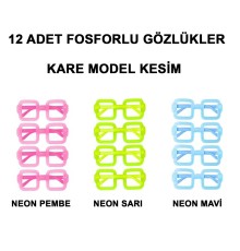  Fosforlu Kare Model Glow Parti Gözlüğü Karanlıkta Yanan Gözlükler 12 Adet