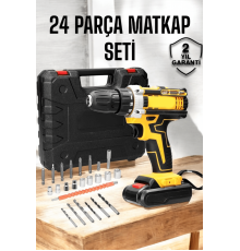 Çift Bataryalı Metal Dişli Darbeli Şarjlı Matkap Seti 24W Güç ve 24 Parça Aksesuar