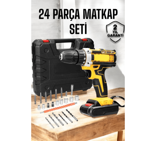 Çift Bataryalı Metal Dişli Darbeli Şarjlı Matkap Seti 24W Güç ve 24 Parça Aksesuar