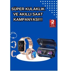 Kadınlar İçin 3 Kordonlu Akıllı Saat ve Dijital Göstergeli Powerbankli Bluetooth Kulaklık Dokunmatik Kontrol