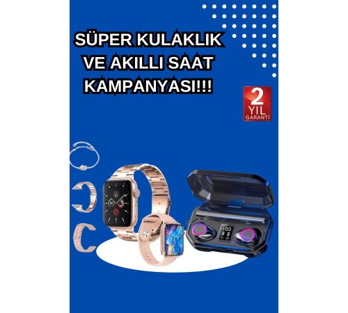 Kadınlar İçin 3 Kordonlu Akıllı Saat ve Dijital Göstergeli Powerbankli Bluetooth Kulaklık Dokunmatik Kontrol