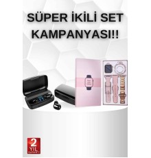 Wireless Şarjlı Pembe Akıllı Saat ve Kablosuz Bluetooth Kulaklık Dokunmatik Kontrol