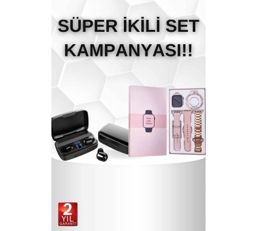 Wireless Şarjlı Pembe Akıllı Saat ve Kablosuz Bluetooth Kulaklık Dokunmatik Kontrol