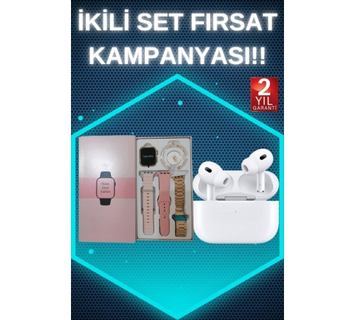 3 Kordonlu Pembe Amoled Ekran Akıllı Saat ve Yeni Nesil Pro Kablosuz Bluetooth Kulaklık ANC/ENC