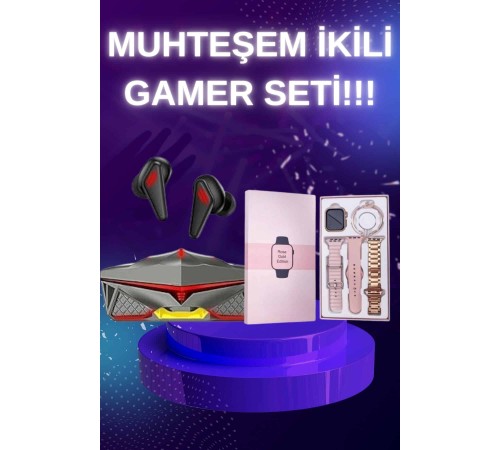 Yeni Nesil Pembe Dokunmatik Ekran Akıllı Saat ve Oyuncu Kulaklığı Kablosuz Bluetooth Kulaklık