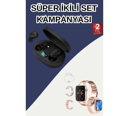 Nabız Ölçer Hediye Bileklikli Akıllı Saat ve Dijital Göstergeli Bluetooth Kulaklık Çoklu Şarj Girişi
