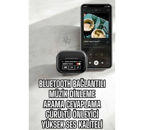 Kablosuz Bluetooth Kulaklık Ekranlı Uzun Şarj Süreli ANC Destekli