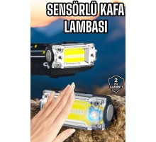 Beyaz Led Işık Sensörlü Kafa Lambası Lityum Batarya Led El Fenerli Şarjlı
