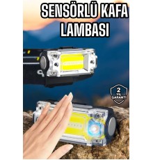 Beyaz Led Işık Sensörlü Kafa Lambası Lityum Batarya Led El Fenerli Şarjlı