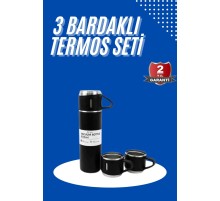 Termos Seti 3'lü Bardak Seti Isı Dayanıklı Siyah Paslanmaz Çelik Vakumlu