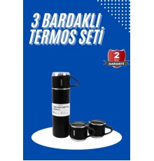 Termos Seti 3'lü Bardak Seti Isı Dayanıklı Siyah Paslanmaz Çelik Vakumlu