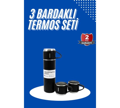 Termos Seti 3'lü Bardak Seti Isı Dayanıklı Siyah Paslanmaz Çelik Vakumlu