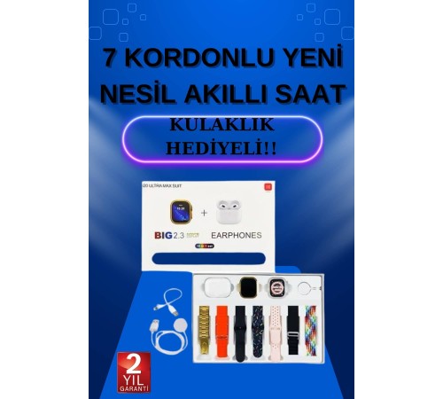 Akıllı Saat 7 Kordonlu Kulaklık Hediyeli Nabız Ölçer Uyku Takibi Sesli Görüşme