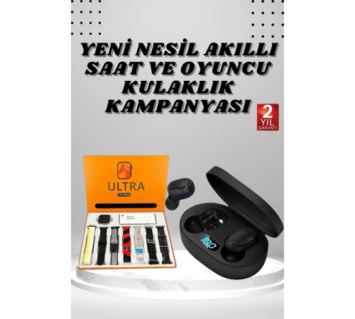 Dijital Göstergeli Kulaklık ve 7 Kordonlu Akıllı Saat Android ve İOS Uyumlu Uyku Takibi Sesli Görüşme