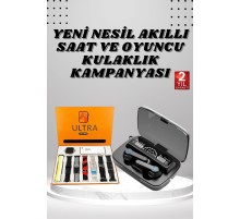 Dijital Göstergeli Powerbank Kulaklık ve 7 Kordonlu Yeni Nesil Akıllı Saat Amoled Ekran