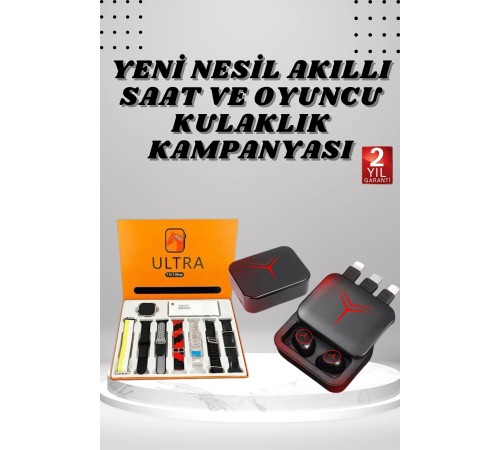 Dijital Göstergeli Powerbank Kablosuz Kulaklık ve 7 Kordonlu Yeni Nesil Akıllı Saat Dokunmatik Kontrol
