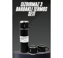 Termos Seti Paslanmaz Çelik 3 Bardaklı Vakumlu Termos Set 500 Ml 12 Saate Kadar Isı Koruma