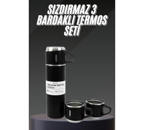 Termos Seti Paslanmaz Çelik 3 Bardaklı Vakumlu Termos Set 500 Ml 12 Saate Kadar Isı Koruma