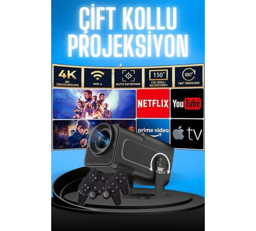 Projektör Siyah Android Taşınabilir Sinema Projeksiyon Wifi Destekli En Güncel Sürüm Akıllı