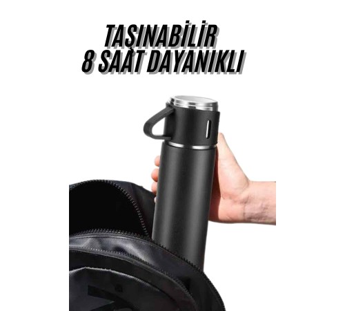 Termos Seti 3'lü Bardak Seti Isı Dayanıklı Siyah Paslanmaz Çelik Vakumlu