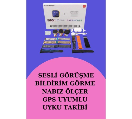 Akıllı Saat Bluetooth Kulaklık Hediyeli Bildirim Görme Sesli Görüşme Çoklu Kordon