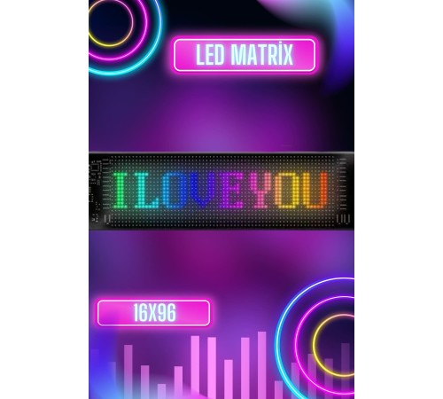 Led Matrix Bluetooth Bağlantılı Araç Camına Uygun Pixsel Görünümlü 16X96