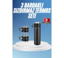 Termos Paslanmaz Çelik Termos Siyah Renk 3 Bardaklı Termos Seti
