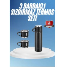 Termos Paslanmaz Çelik Termos Siyah Renk 3 Bardaklı Termos Seti