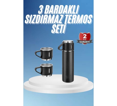 Termos Paslanmaz Çelik Termos Siyah Renk 3 Bardaklı Termos Seti