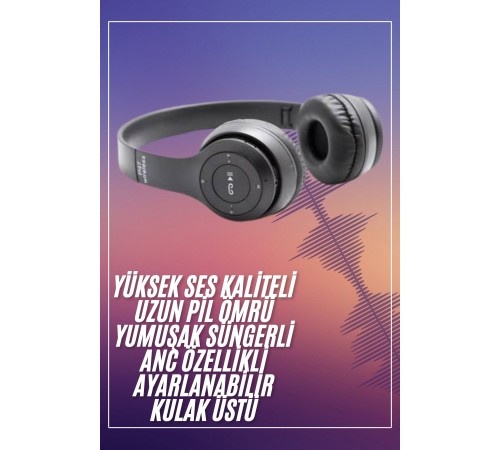Bluetooth Kablosuz Kulaklık Siyah Wireless 5.0 Kulak Üstü Uzun Pil Ömrü