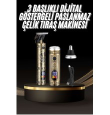 Tıraş Makinesi Pro 3 Başlıklı Dijital Göstergeli Saç Sakal Kulak ve Burun