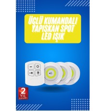 Yapışkanlı 3'lü Spot Led Işık Lamba Montajsız Pilli Uzaktan Kumandalı