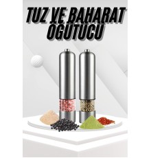 Pilli Tuz Ve Karabiber Öğütücü Baharat Değirmeni Tuzluk Pilli Işıklı Gri