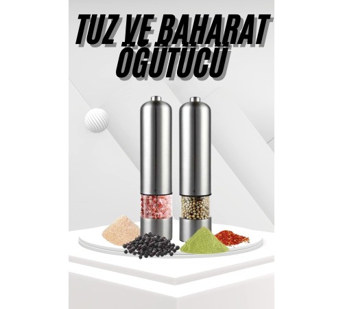 Pilli Tuz Ve Karabiber Öğütücü Baharat Değirmeni Tuzluk Pilli Işıklı Gri