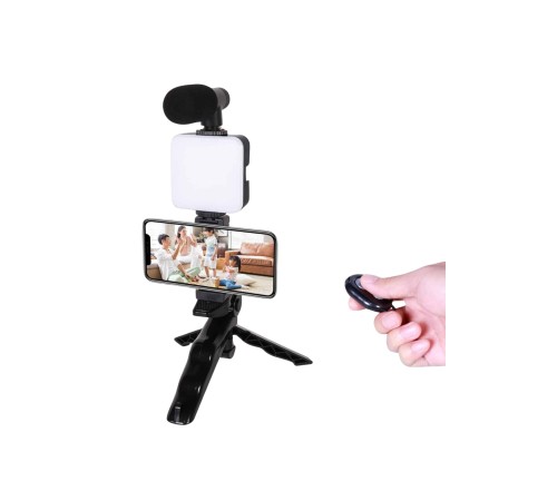 Telefon Tutucu Led Işıklı Kumandalı Mikrofon Telefon Vlog Video Kayıt