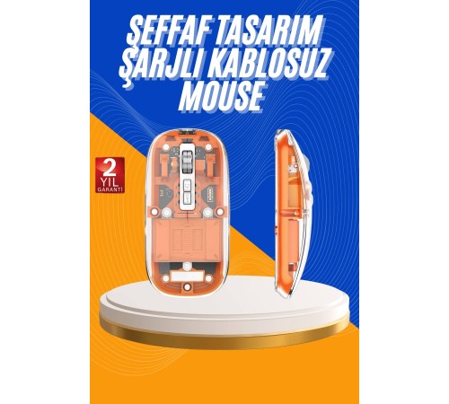 Mouse Fare Kablosuz Mouse Fare Şarjlı Bluetooth Sessiz 5 Tuşlu Şeffaf