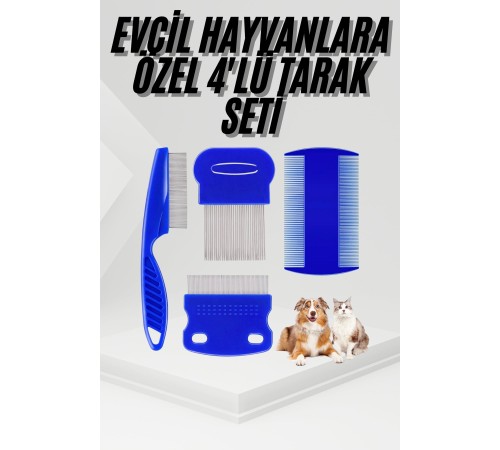 4'lü Bit Pire Tarağı Set Kedi Köpek Evcil Hayvan Tüy Toplayıcı Mavi