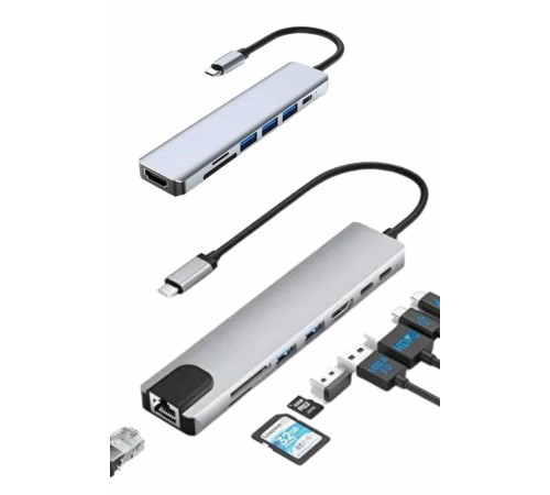 8 Port Çoklayıcı Macbook Ile Uyumlu Çoğaltıcı Type-C dönüştürücü TF SD kart